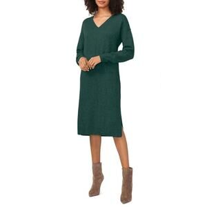 Vince Camuto V Neck Long Sleeve Midi Sweater Dress Green XXL / 2X